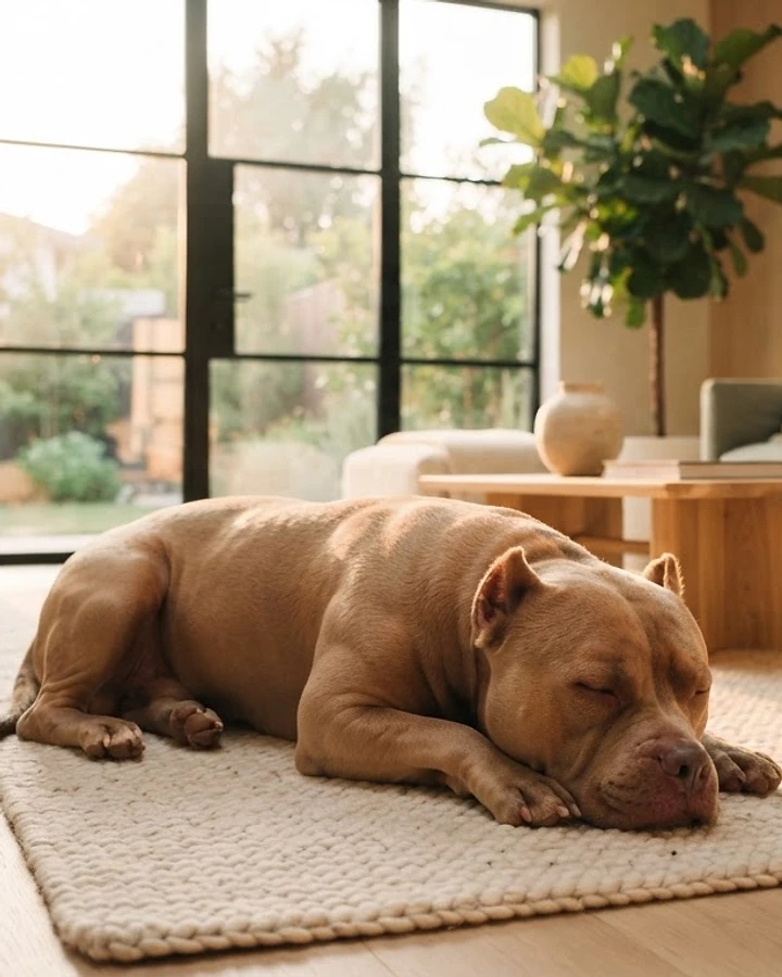 An American Bully puppy resting calmly during its transition to a new home