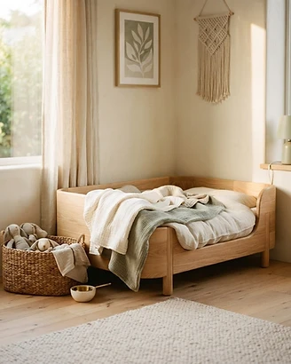 A clean, sunlit minimalist puppy nursery with organic linen blankets and natural wood