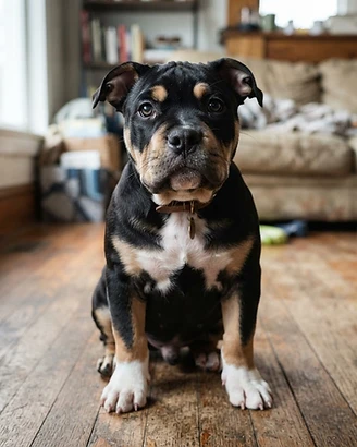 Black Tri American Bully puppy named Gia, female