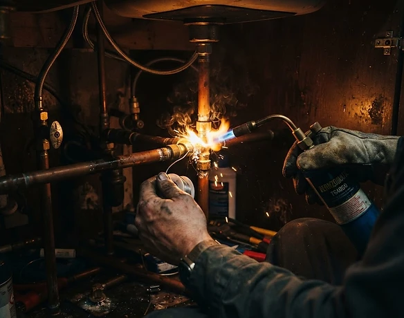 Surge Plumbing soldering copper pipes under a kitchen sink