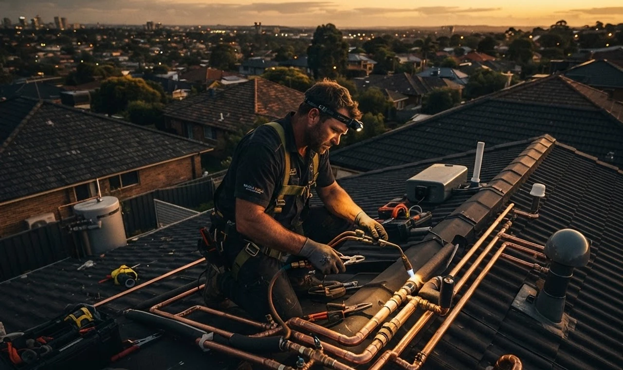 Apex Plumbing Co. copper pipework installation at golden hour