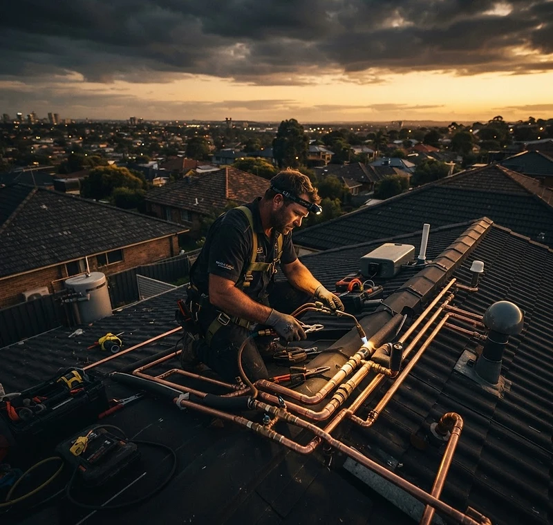 Apex Plumbing Co. copper pipework installation at golden hour