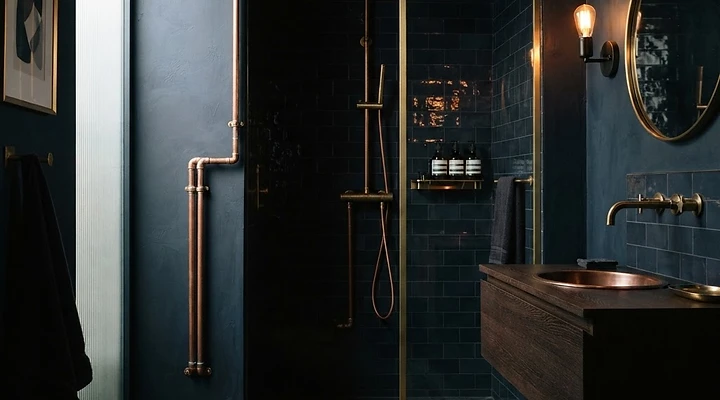 Atlas Plumbing Co. elegant dark bathroom with copper pipework