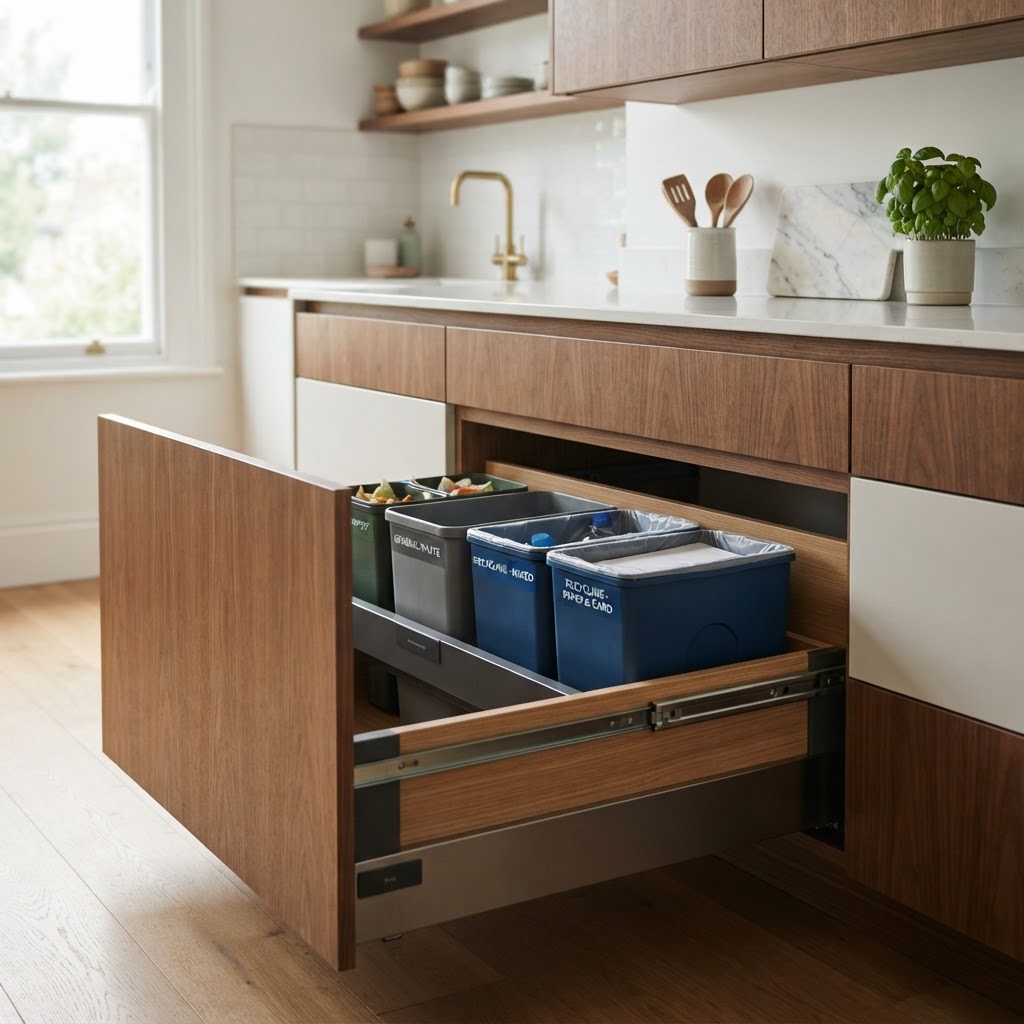 Open kitchen cabinet revealing an integrated pull-out waste and recycling bin system