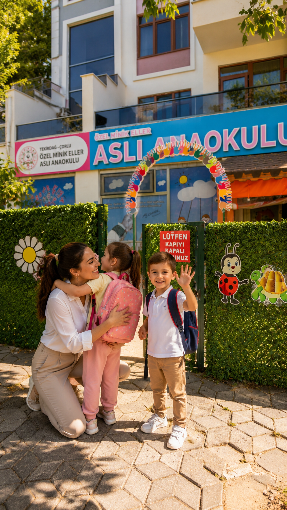 Okulumuzun neşeli girişi — çocukları karşılayan öğretmenimiz ve el izleri