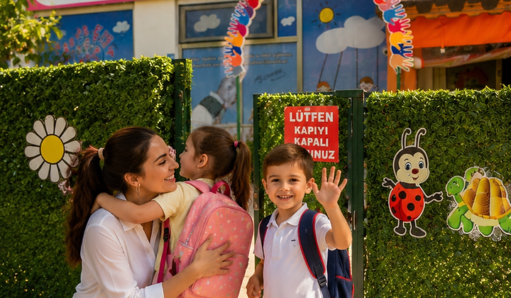 Okulumuzun neşeli girişi — çocukları karşılayan öğretmenimiz ve el izleri