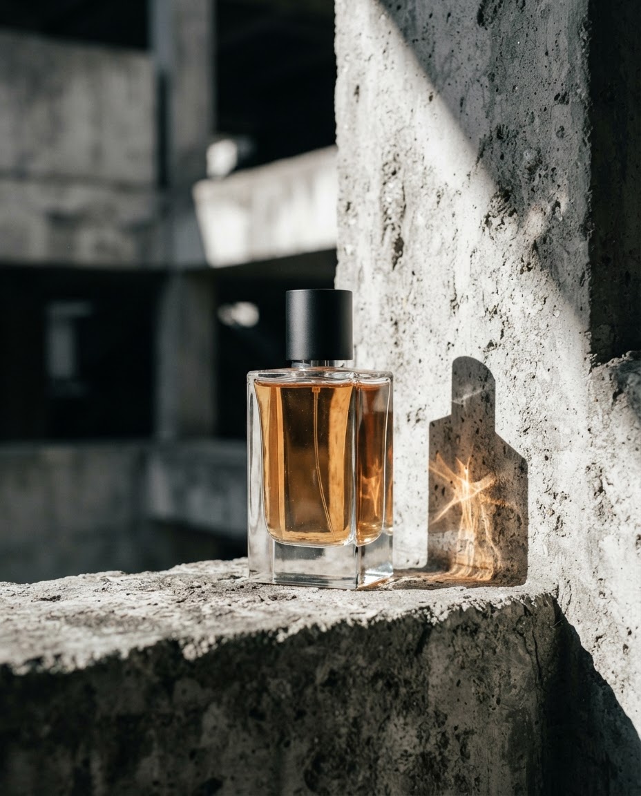 Cologne bottle refracting hard sunlight against concrete