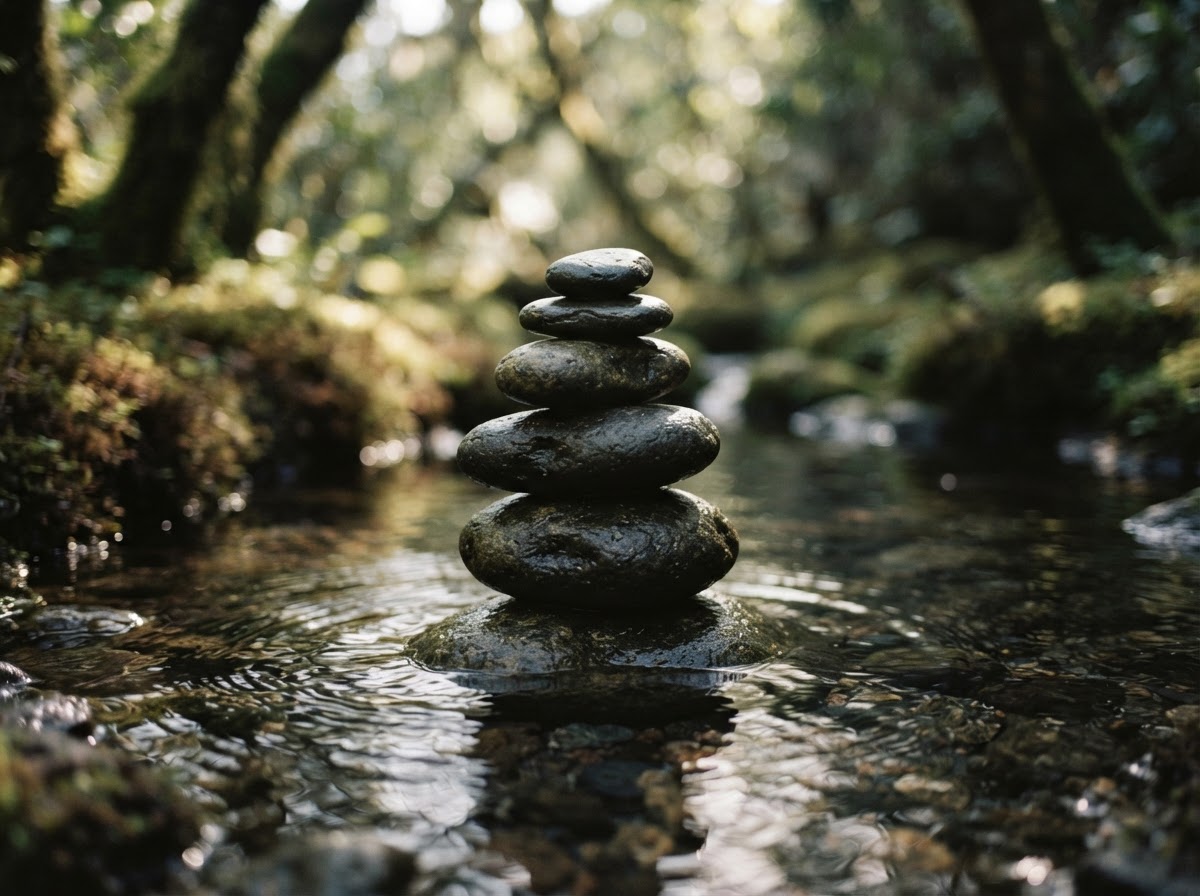 Stacked river stones in water