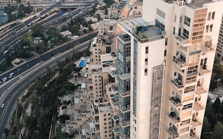 Aerial view of the tower and surrounding city