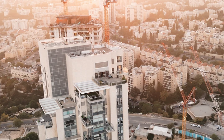 Aerial view of the tower at golden hour