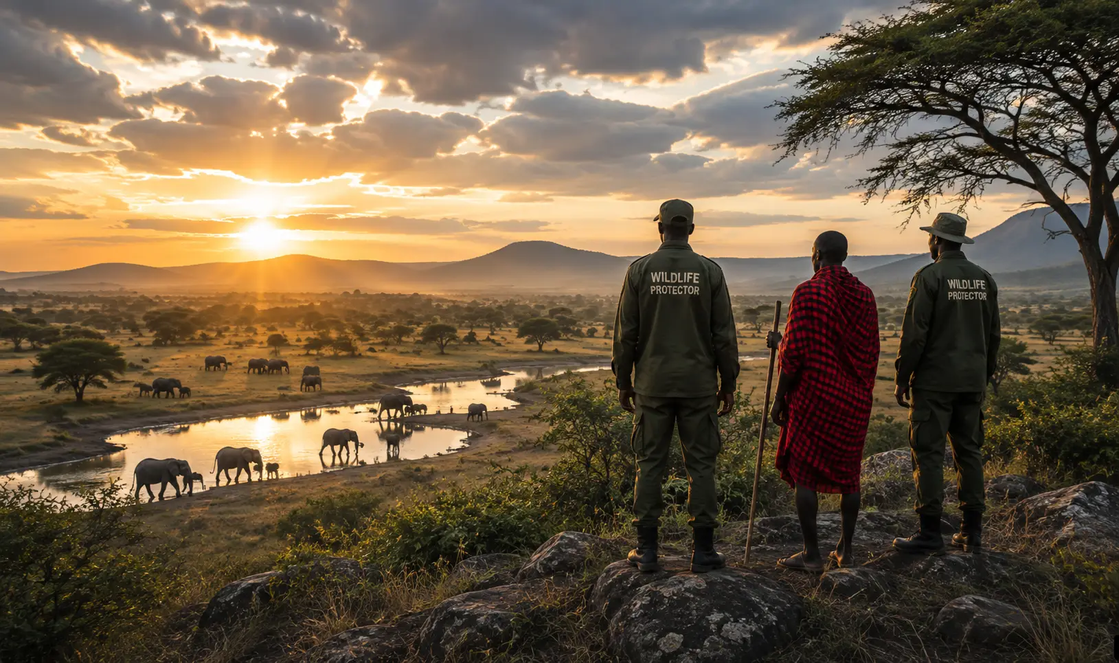 Tanzanian conservation landscape — community wildlife protectors and a community member overlooking the savanna at sunset, representing community-managed natural resources.