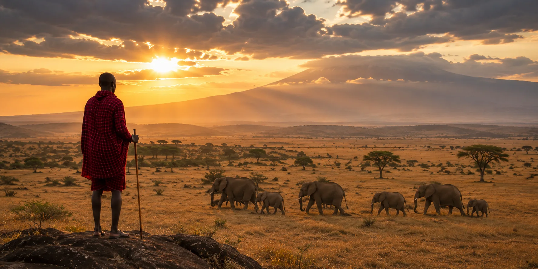 A Maasai community member overlooking the Tanzanian savanna with elephants and Mount Kilimanjaro, representing community-led conservation.