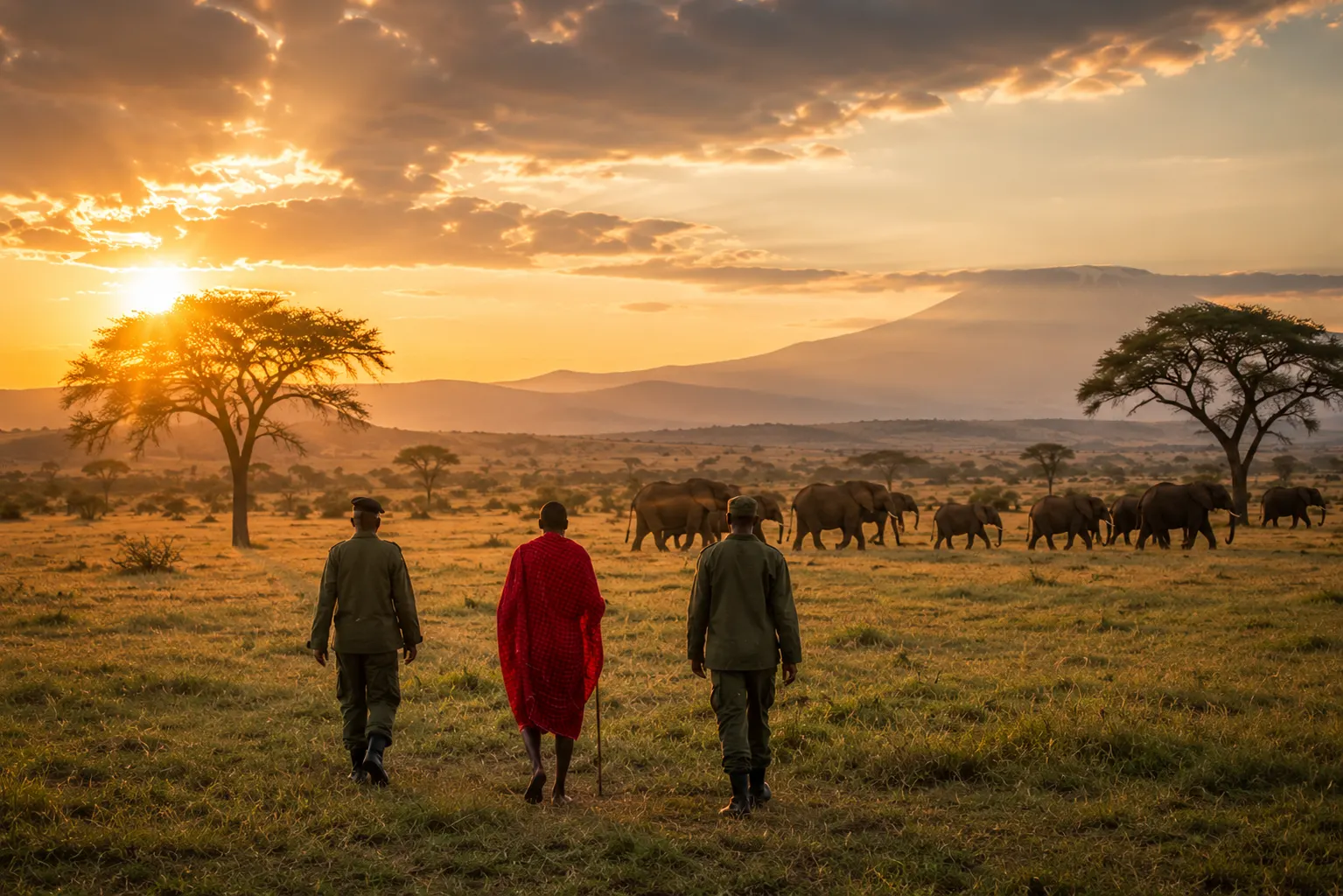 Community members and wildlife protectors walking through the Tanzanian savanna, representing community-managed natural resources.