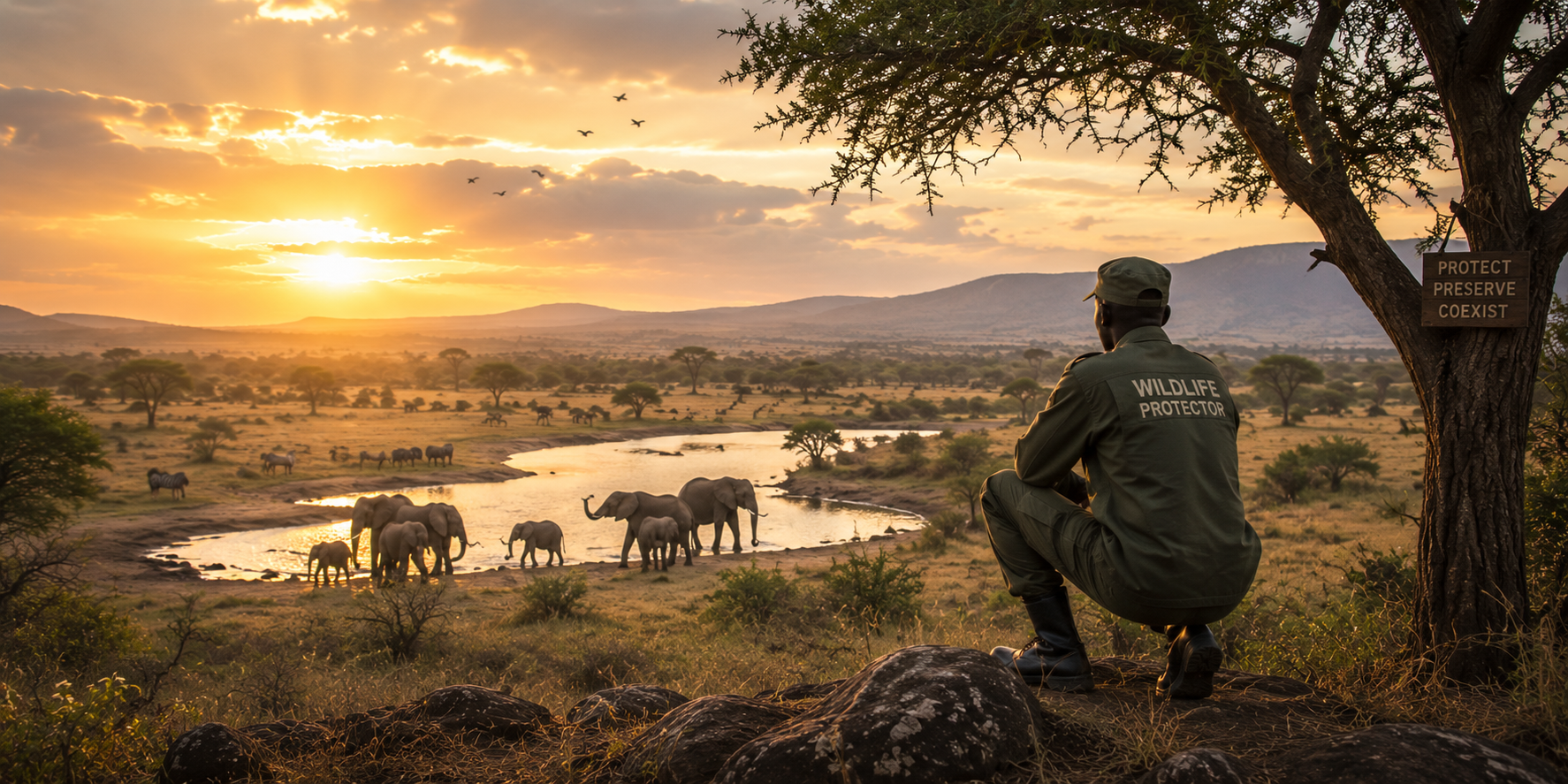 A wildlife protector observing the Tanzanian savanna, representing field monitoring and conservation stewardship.