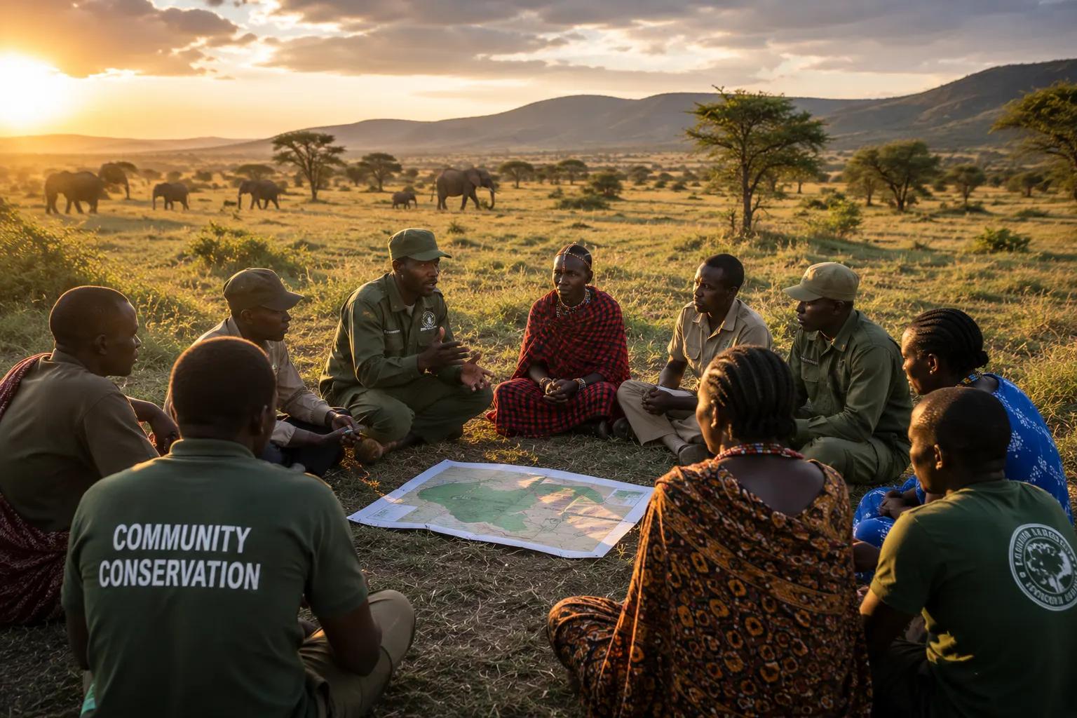 Community conservation representatives in a field coordination meeting on the Tanzanian savanna.