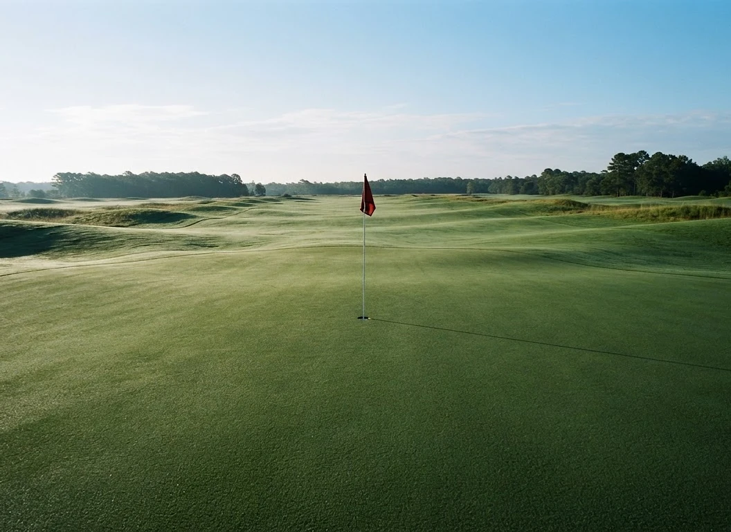 Lone flagstick on an undulating green at sunrise
