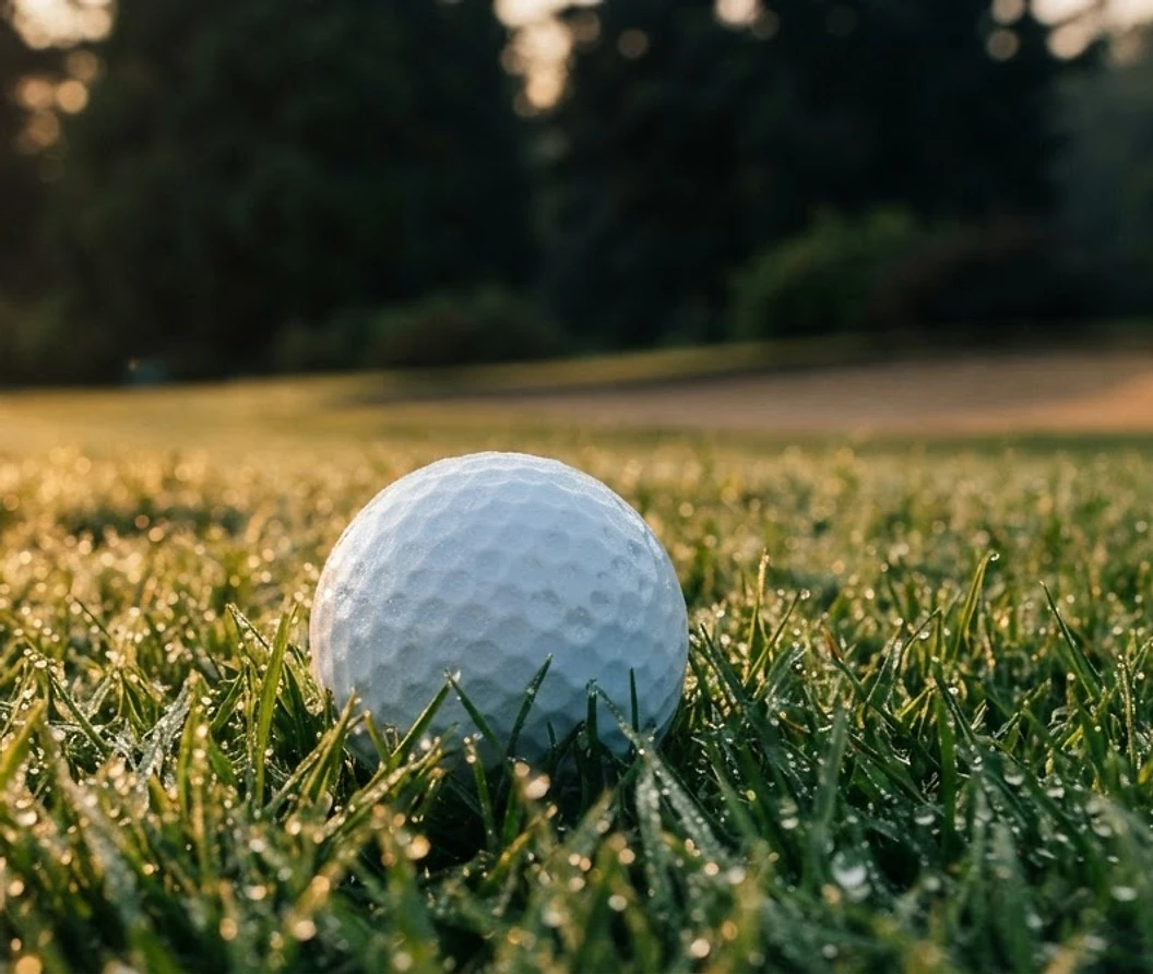 Golf ball resting on dew-covered grass at dawn