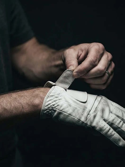 Golfer adjusting a leather glove in dramatic light