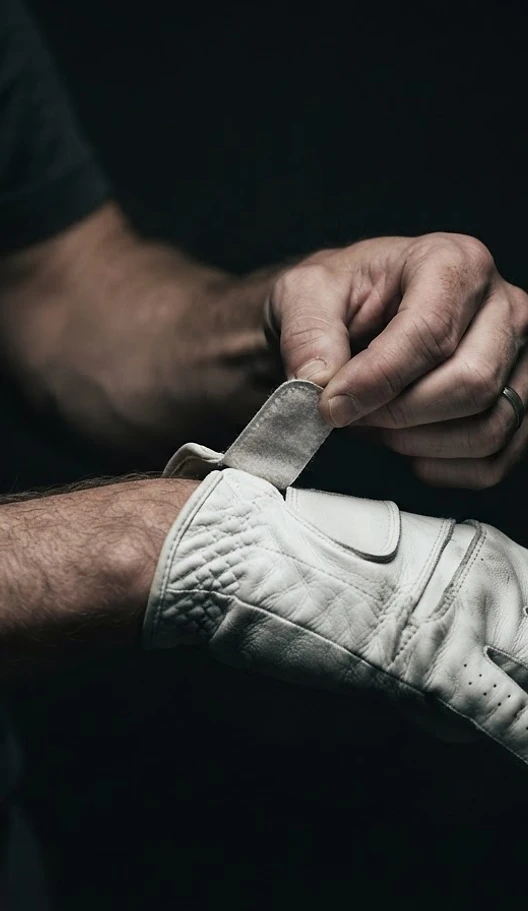 Golfer adjusting a leather glove in dramatic light