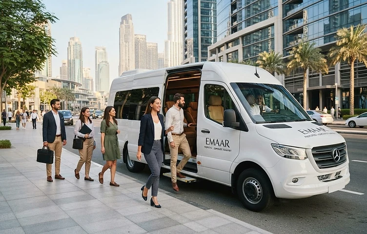 Business employees using staff transportation service in Dubai