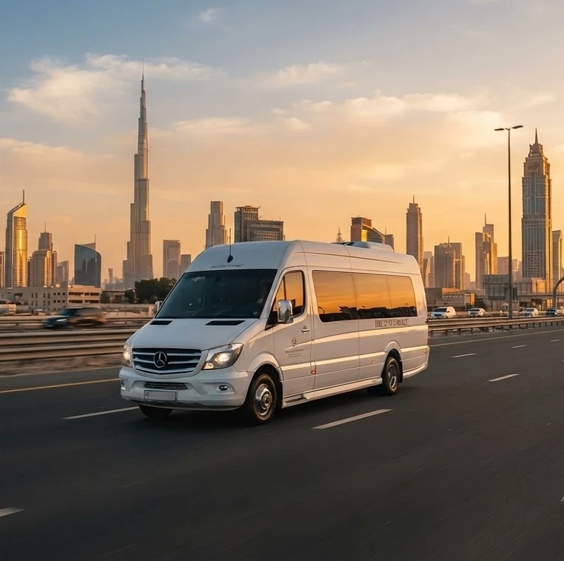 Premium car lift service vehicle driving on a Dubai highway at golden hour