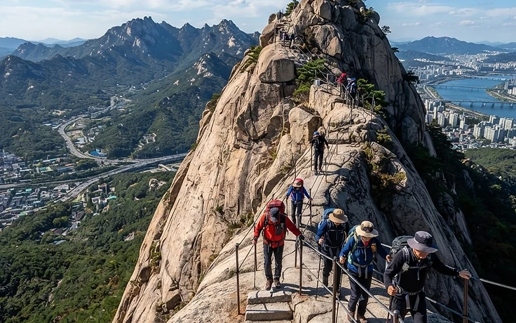 Hikers on the granite ridge of Mt. Bukhansan, Seoul
