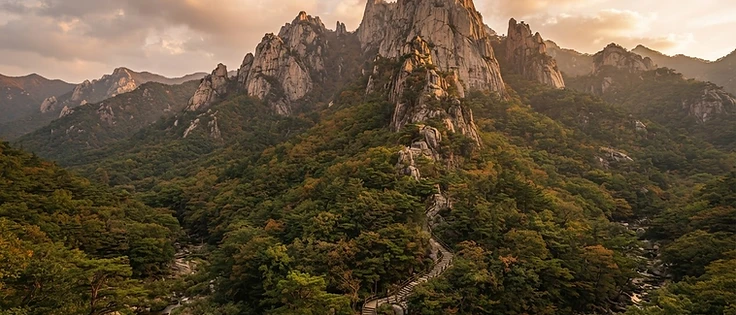 Dramatic Korean granite mountain ridge at golden hour