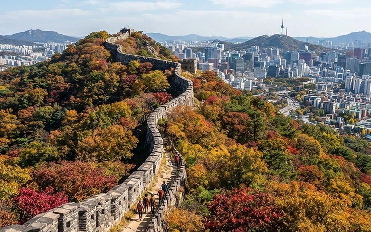 Seoul fortress-wall mountains behind the city