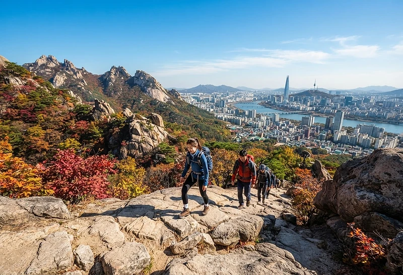 Hikers climbing the granite ridge of Mt. Bukhansan in Seoul, South Korea