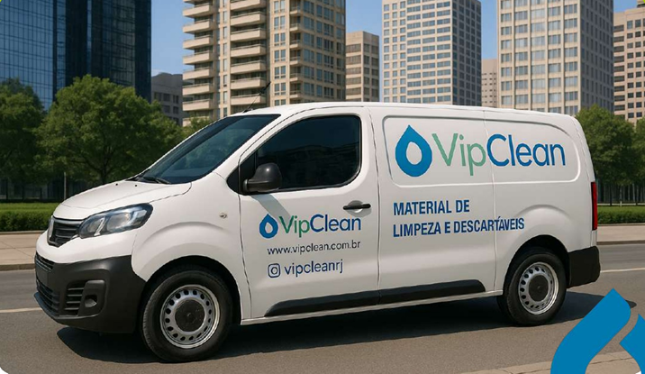 Van de entrega da VipClean com material de limpeza e descartáveis — logística de distribuição no Rio de Janeiro