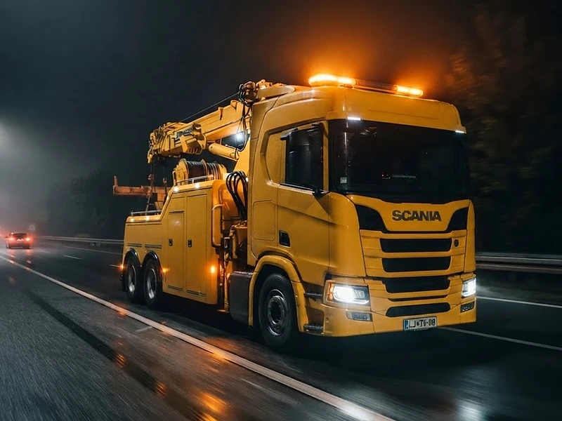 Scania kamion na autocesti po noći s upaljenim farovima