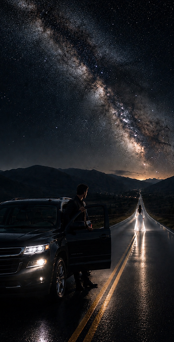 A lone road disappearing toward distant dark mountains at dusk