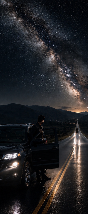 A lone road disappearing toward distant dark mountains at dusk