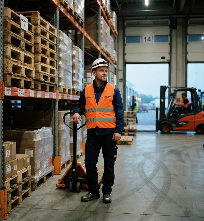 Logistik-Hub im Morgengrauen mit Fachkraft