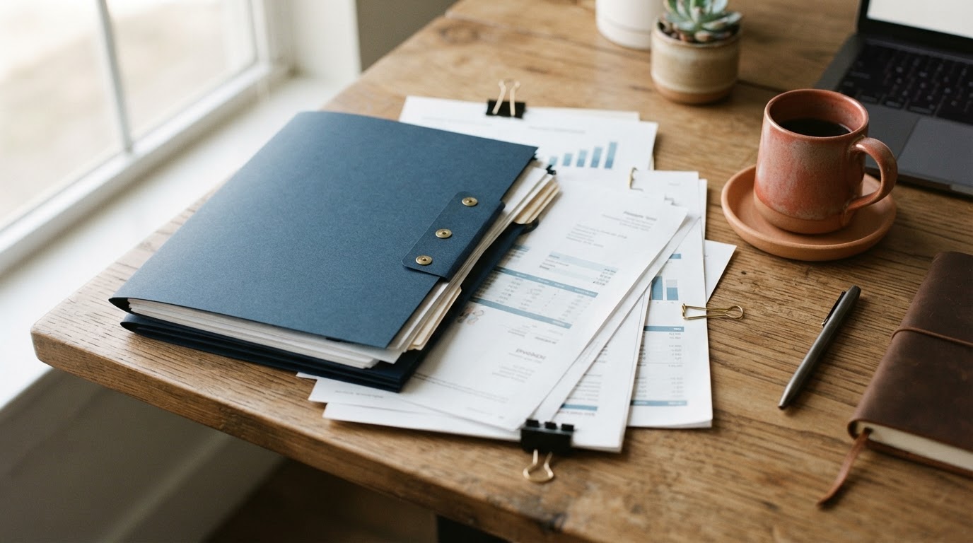 Warm finance workspace with invoices and navy folders