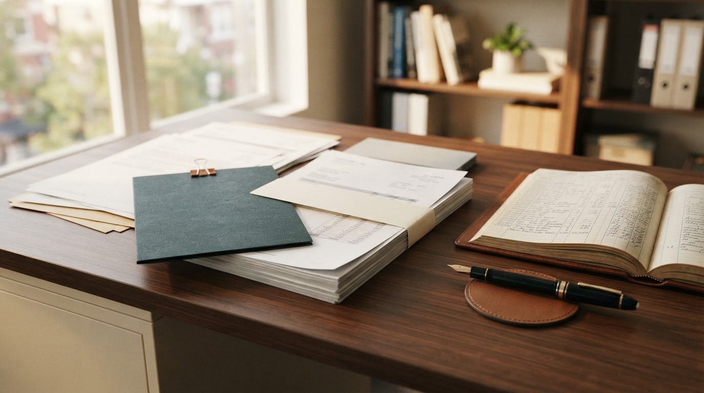 Warm finance workspace with invoices and ledger