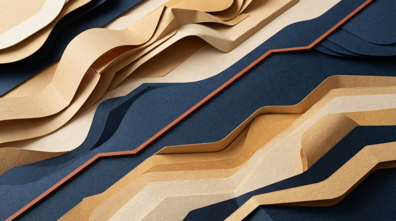Layered sand, navy and terracotta paper forms