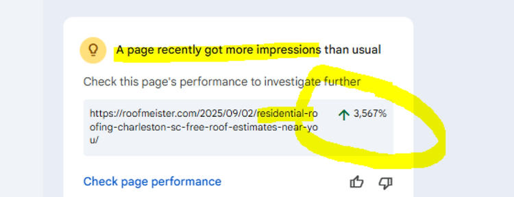 Google Search Console showing a 3,567% impression increase for a local roofing page