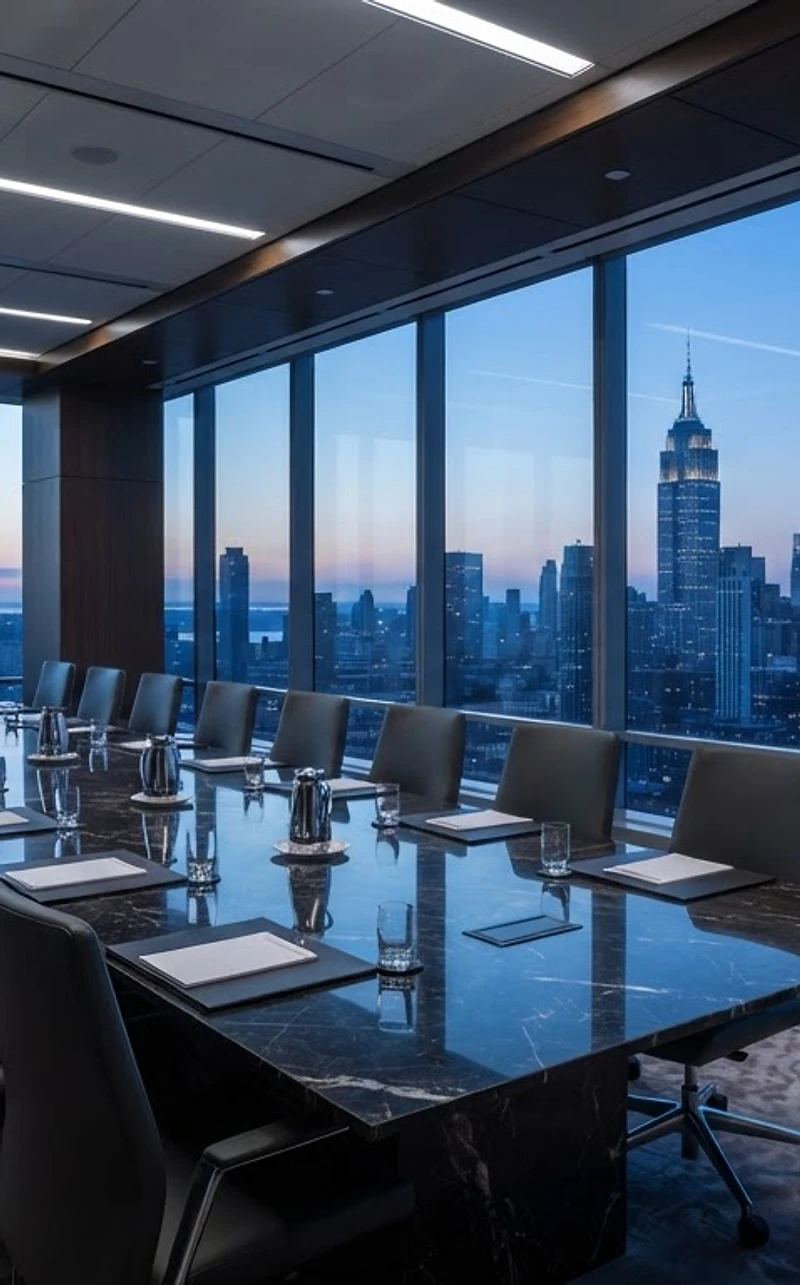 High-floor Manhattan boardroom at dawn