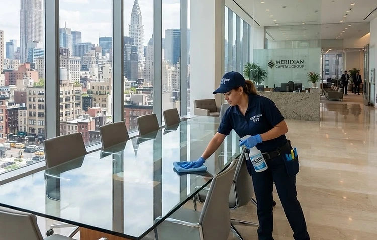 Professional commercial cleaner sanitizing a modern NYC office lobby