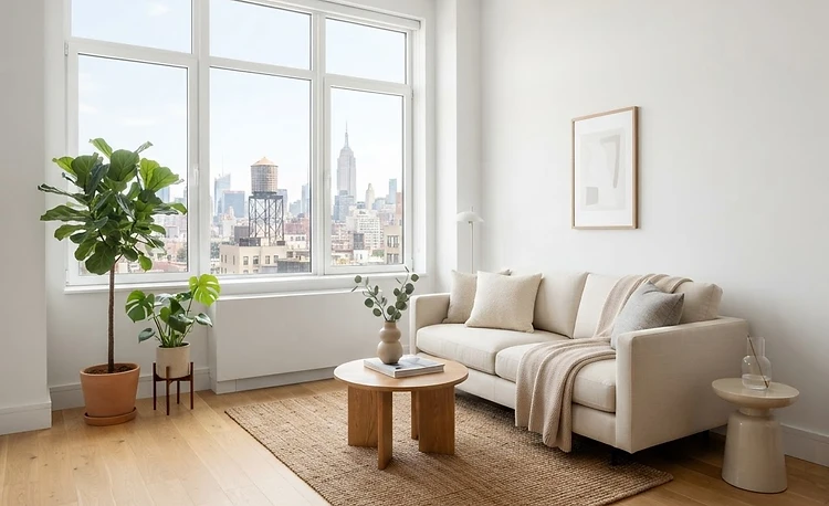 Bright, clean, empty New York City apartment living room