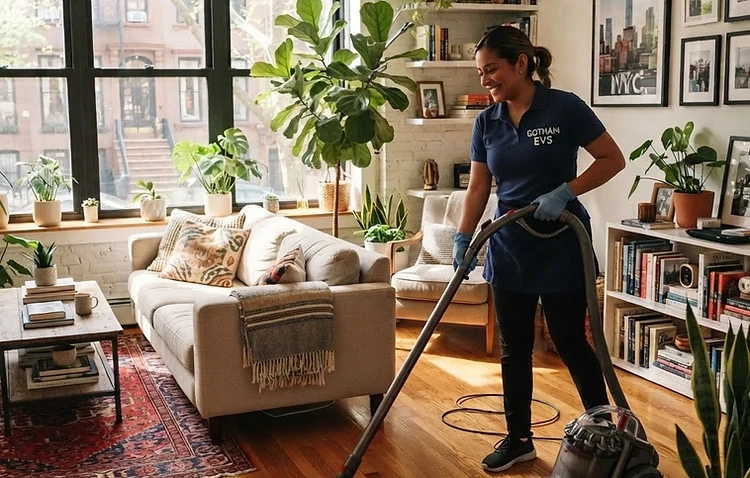 Professional cleaner vacuuming a bright New York apartment living room
