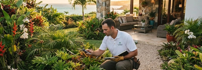 Professionnel inspectant un jardin tropical