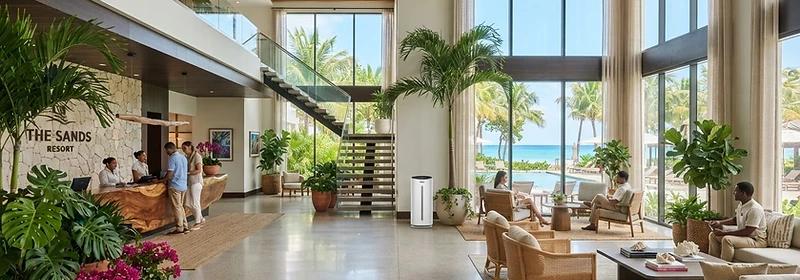 Hall d’hôtel lumineux aux Antilles