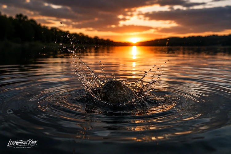A rock hitting still water at sunset, ripples spreading outward