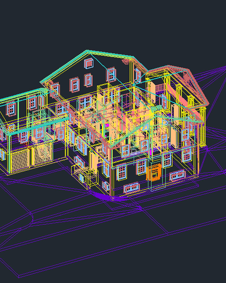 3D isometric wireframe scan of a residential house