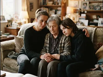 A family sitting together in a difficult moment, sharing a quiet burden