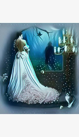 A spectral figure in a flowing gown