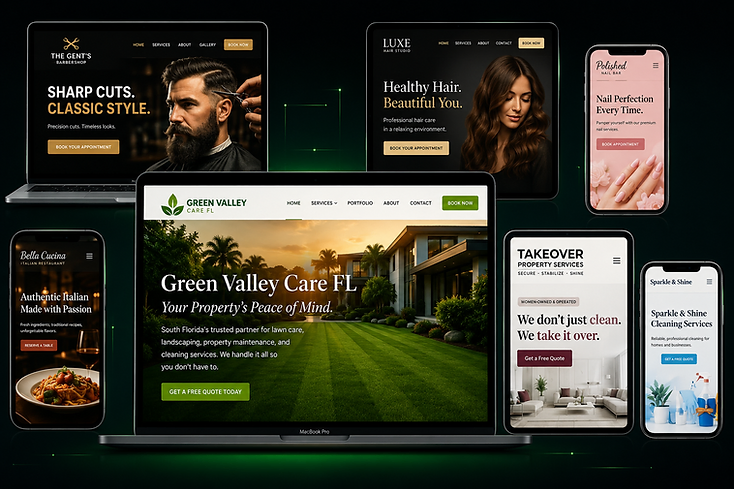 Premium device showcase of websites built by GreenSpace Web, featuring Green Valley Care FL on a large center laptop surrounded by websites for Takeover Property Services, a barbershop, hair salon, nail bar, restaurant, and cleaning company