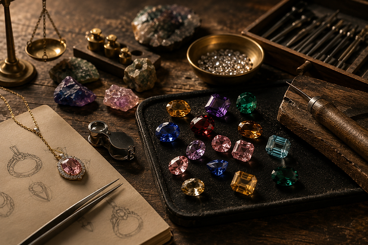 Master jeweller's workspace with loose gemstones and tools